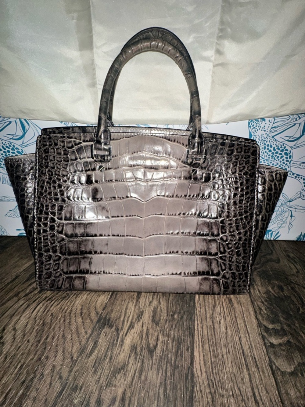 Michael Kors Croc-Embossed Tote in Dark Gray-Black - Picture 2 of 12